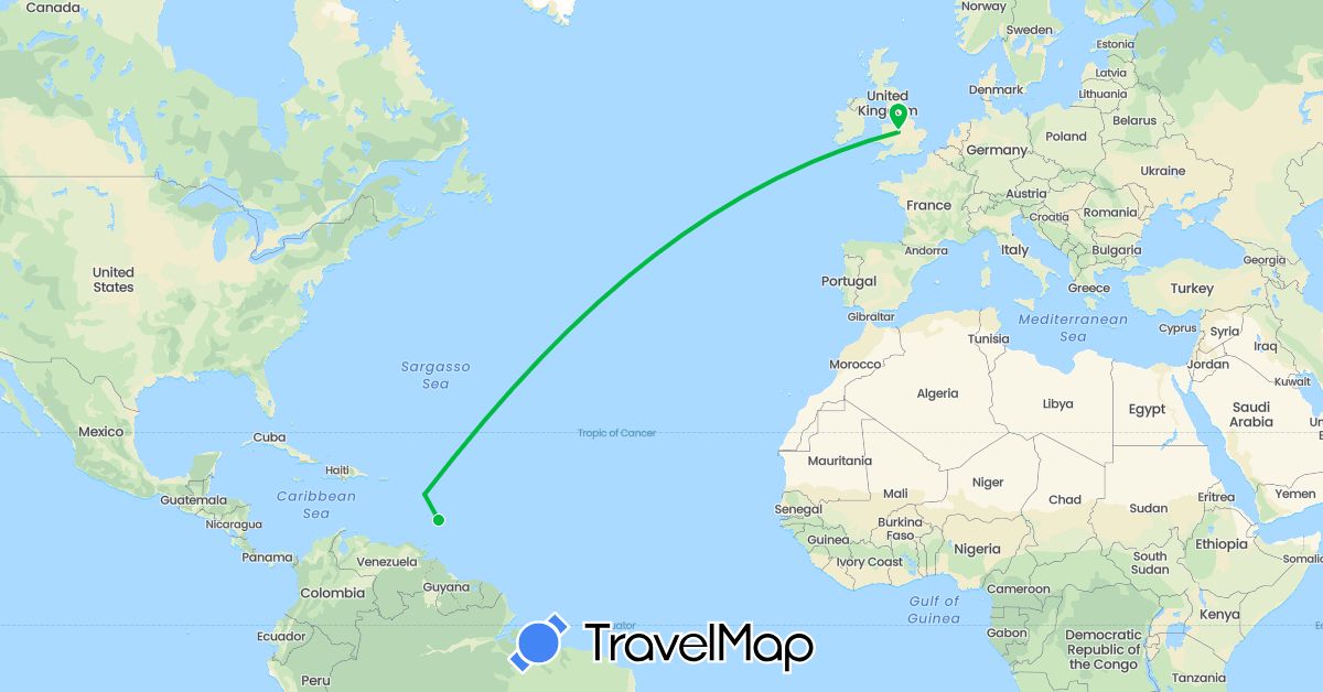 TravelMap itinerary: driving, bus in Barbados, France, United Kingdom (Europe, North America)